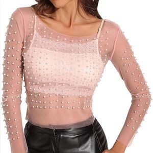 XL Pearl beaded pink champagne mesh top Forever 21